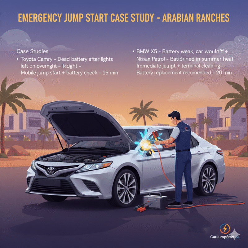 "Emergency Jump Start case study in Arabian Ranches showing three vehicle models, their battery issues, solutions, and response times, with a central car and brand logo."