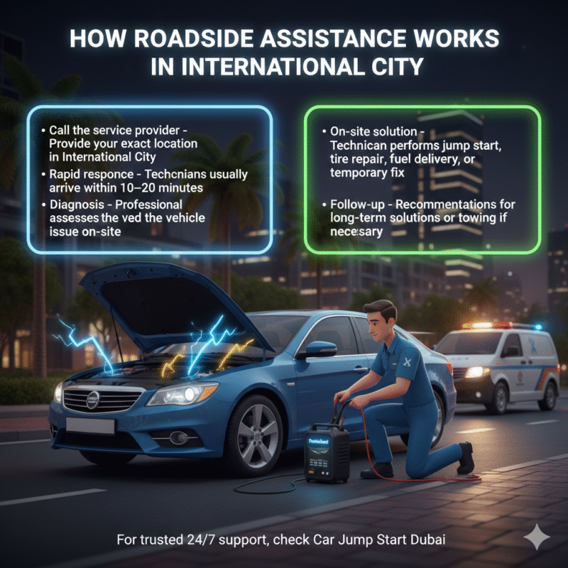 Animated-style illustration of a professional roadside technician assisting a stranded car in International City Dubai. Title "How Roadside Assistance Works in International City" at the top. Step-by-step process displayed on sides in bullet format.