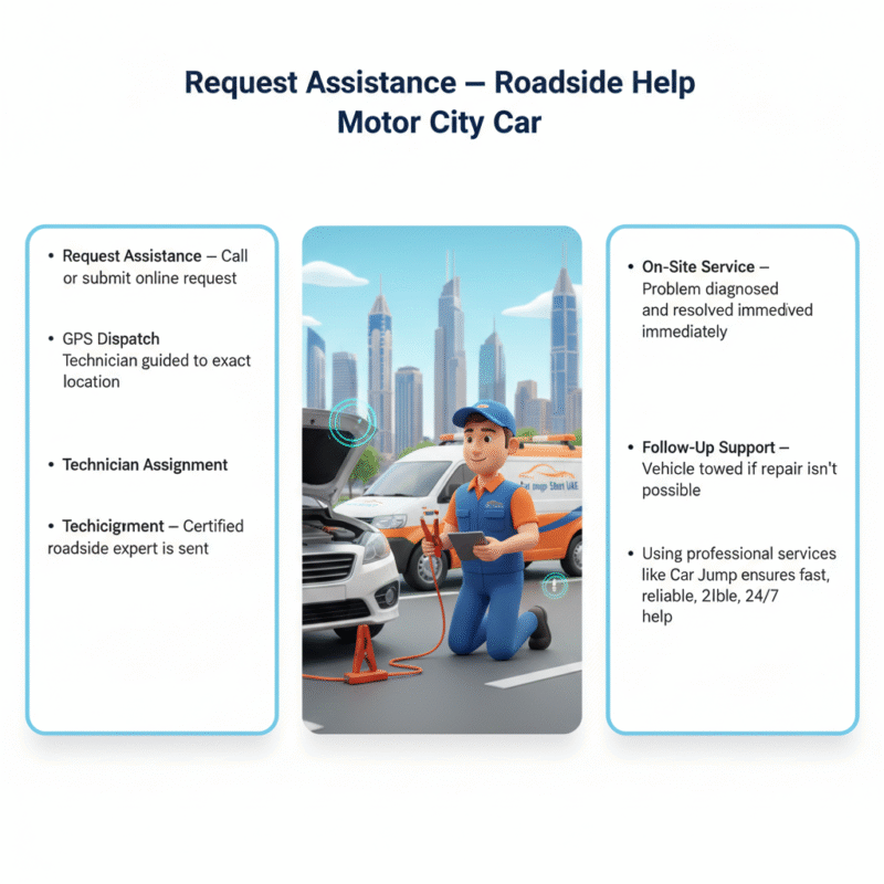 "Animated 3D illustration showing a roadside technician assisting a car in Motor City, with side spaces for workflow steps of roadside assistance and brand placement."