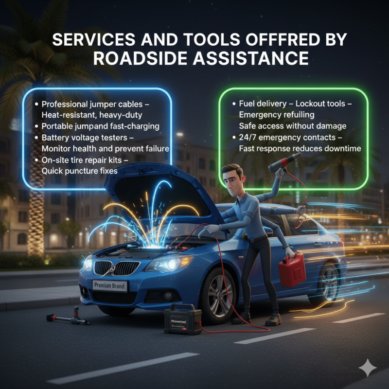 Animated-style illustration of a professional roadside technician using jumper cables, portable jump starter, tire repair kit, and fuel delivery in International City Dubai. Title "Services and Tools Offered by Roadside Assistance" at the top. Tools and services displayed on sides in bullet format.