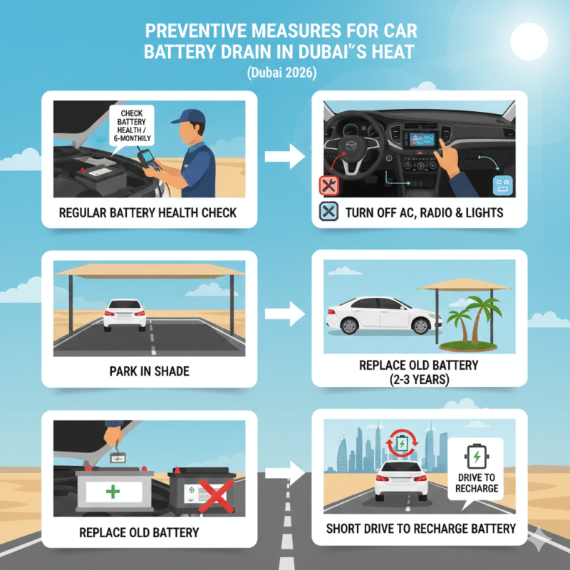 Car parked in Dubai with battery checked, electronics off, shaded parking, old battery replacement, and driving for recharge to prevent battery drained while waiting Dubai 2026