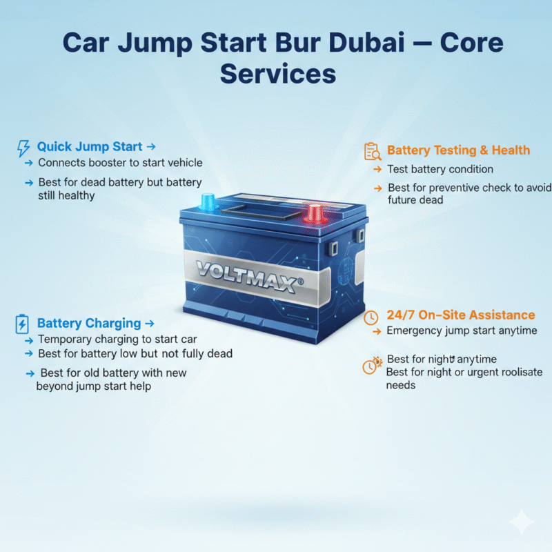 “Animated-style feature image showing core car jump start services in Bur Dubai, title on top, premium battery in center, service points displayed on sides with icons.”