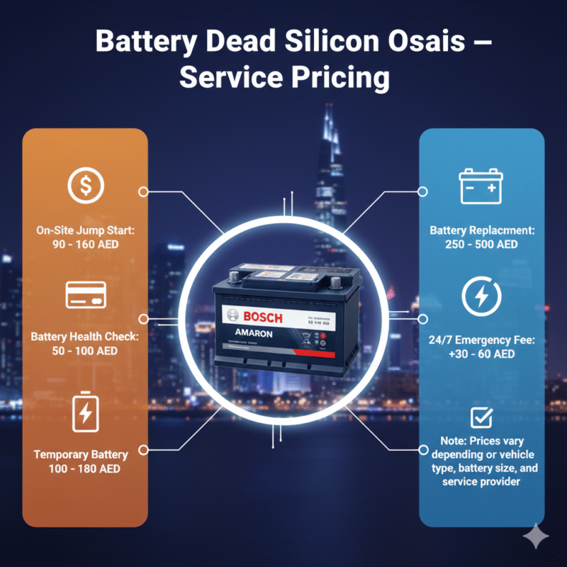 “Animated-style feature image showing service pricing for battery dead help in Dubai Silicon Oasis, with title on top, central premium car or battery image, and key prices displayed on sides with icons.”