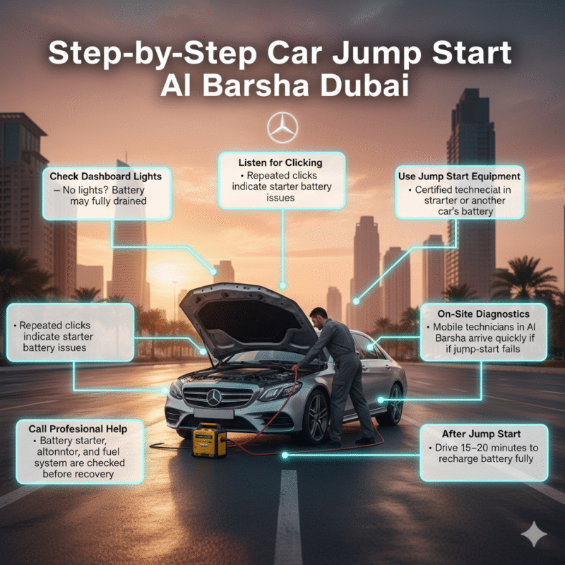 Luxury car stalled on Al Barsha street with roadside technician, infographic showing step-by-step car jump start including dashboard check, click detection, certified equipment, professional help, diagnostics, and post-recovery driving