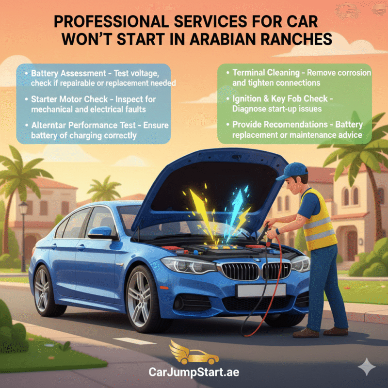 "Professional mobile car services in Arabian Ranches showing battery assessment, starter check, alternator test, terminal cleaning, and ignition diagnostics with brand logo."