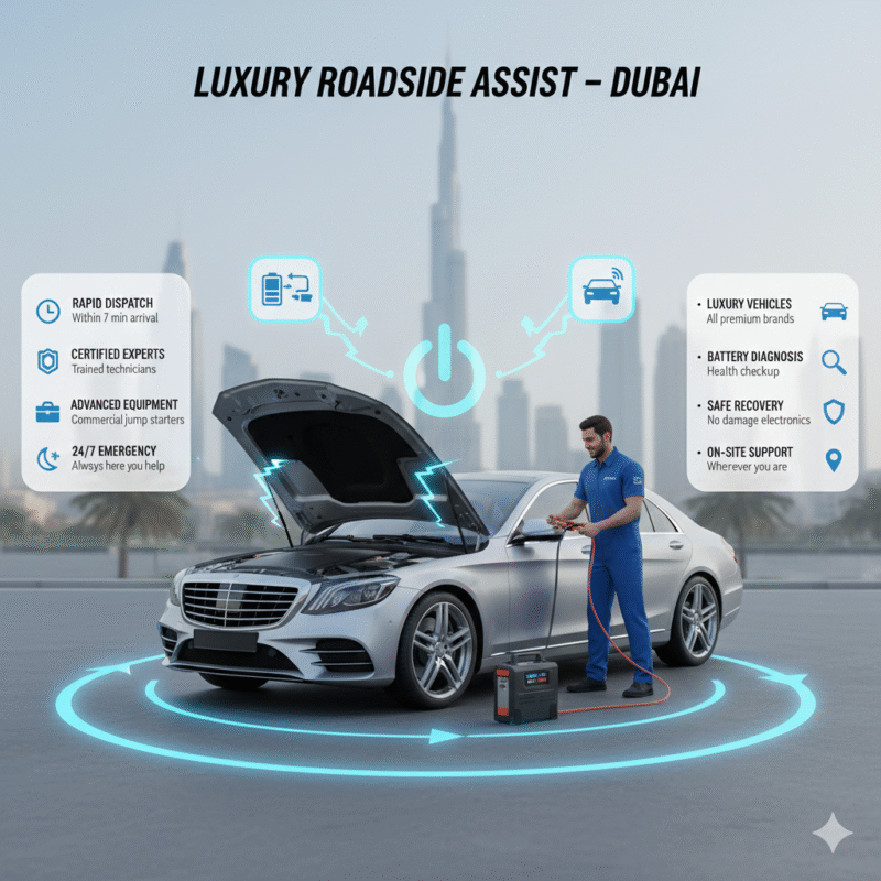 “Premium animated infographic showing a luxury car being professionally jump-started with title on top and side bullet points explaining the process.”