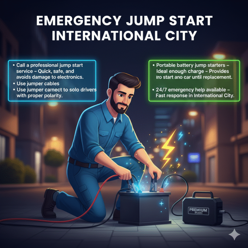 Animated-style illustration of a professional technician performing a car battery jump start in International City Dubai. Title "Emergency Jump Start International City" at the top. Key points are displayed on the sides as bullet points.