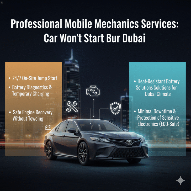 Animated infographic-style image showing professional mobile mechanics services for cars in Bur Dubai. Title “Professional Mobile Mechanics Services: Car Won’t Start Bur Dubai” at the top. Side panels list 24/7 jump start, battery diagnostics, safe engine recovery, heat-resistant batteries, and minimal downtime. Central car highlighted with animated icons for battery, tools, and engine.