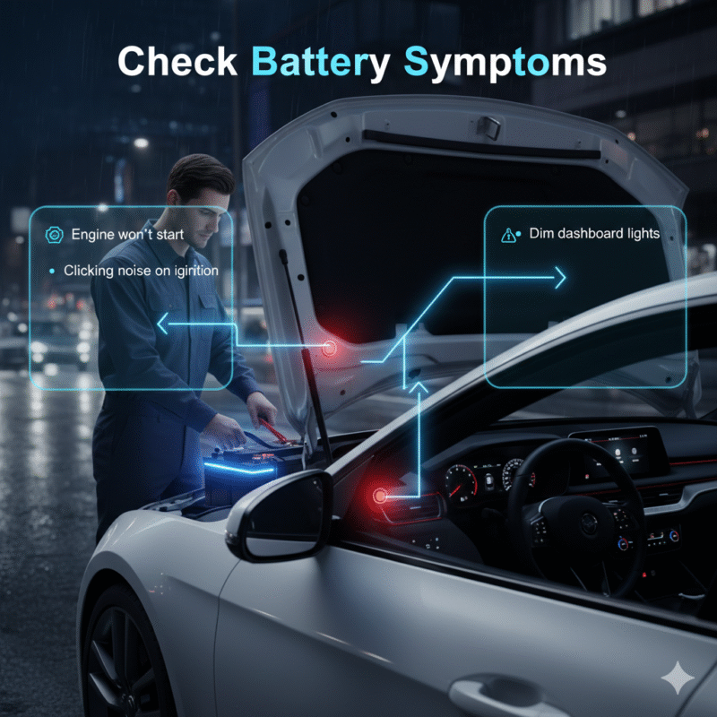 Infographic showing key signs of a dead car battery including engine won’t start, clicking noise, and dim dashboard lights