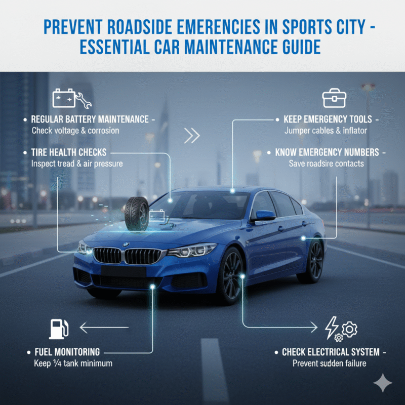 "Car maintenance infographic for Sports City showing battery check, tire inspection, fuel monitoring, emergency tools, and electrical system highlights."
