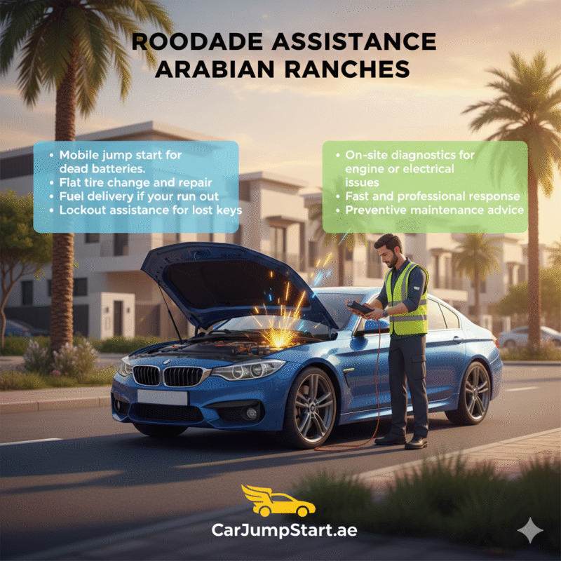 "Roadside Assistance in Arabian Ranches showing a technician providing mobile jump start, tire, fuel, and lockout services with key tips displayed on sides and brand logo."