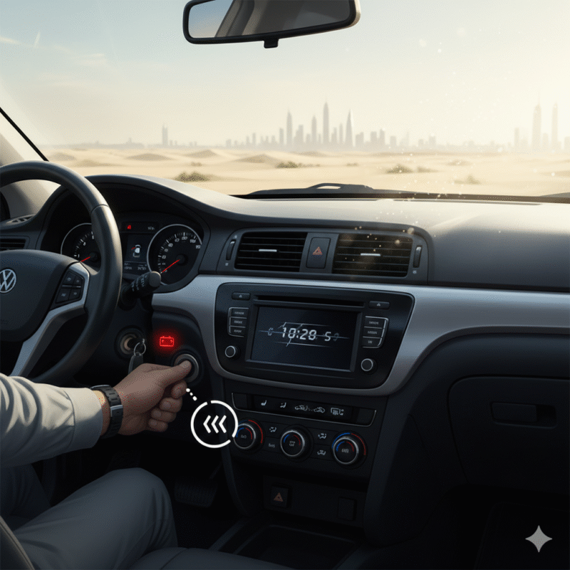 Dashboard and ignition showing symptoms of battery died in desert heat Dubai with dim lights and warning indicators