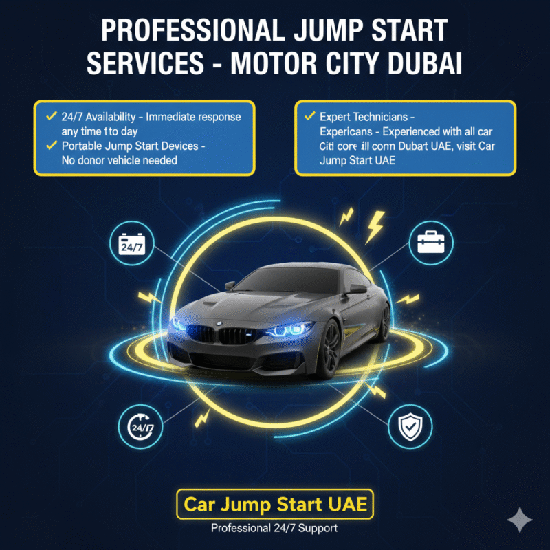 "Professional car jump start services in Motor City Dubai showing bullet points on sides and a central animated car illustration with electrical and service icons."