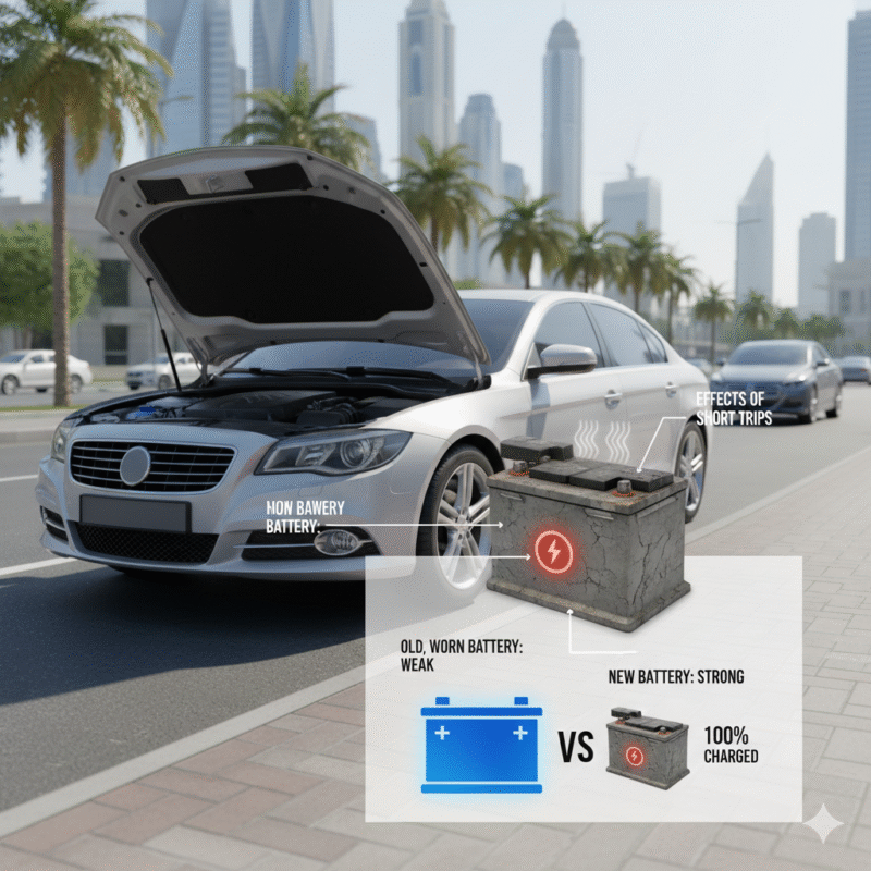 Illustration showing an old, worn car battery failing during errands in Dubai, with comparison to a new battery.