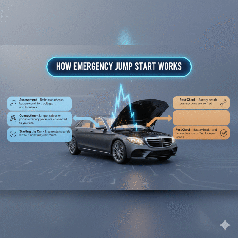 User guide illustration showing “How Emergency Jump Start Works” with a title at the top, main steps listed on the sides, and a realistic car image in the center. Animated infographic elements highlight the workflow.