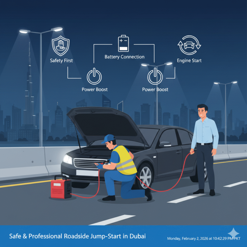Technician jump-starting a stranded car with engine not turning over on a Dubai roadside.