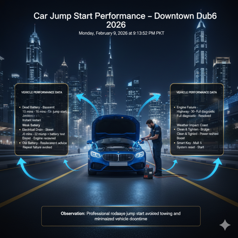 Infographic showing car jump start performance in Downtown Dubai with response times, service actions, and results for various vehicle issues
