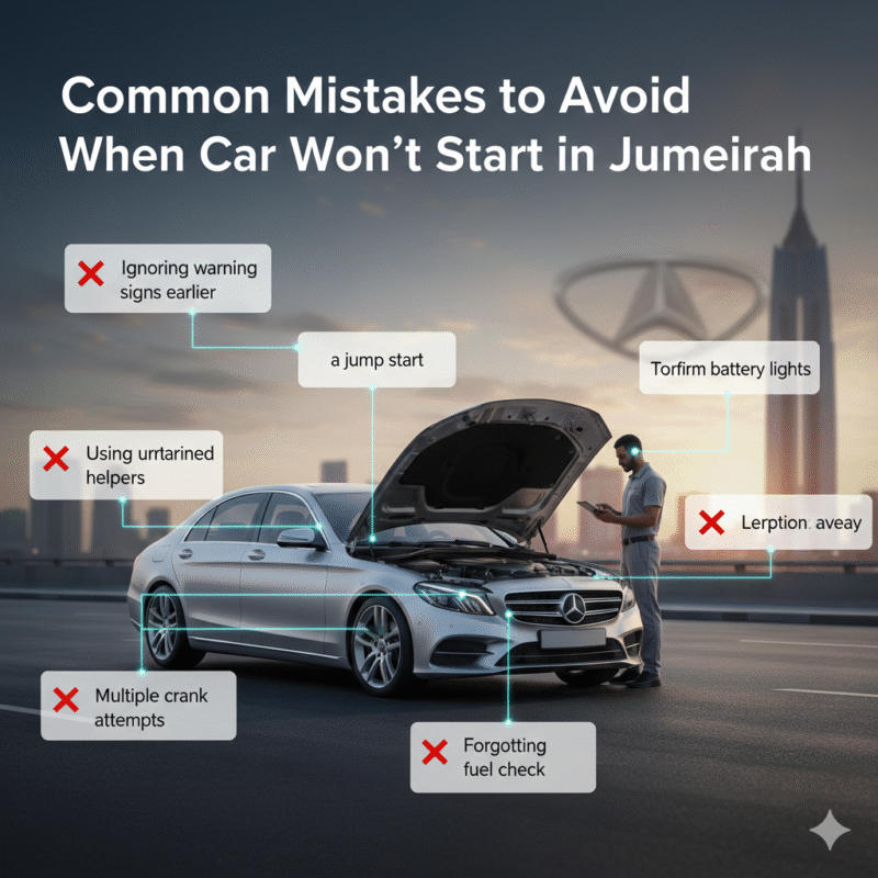 Infographic showing common mistakes to avoid when car won’t start in Jumeirah with roadside technician assisting luxury vehicle