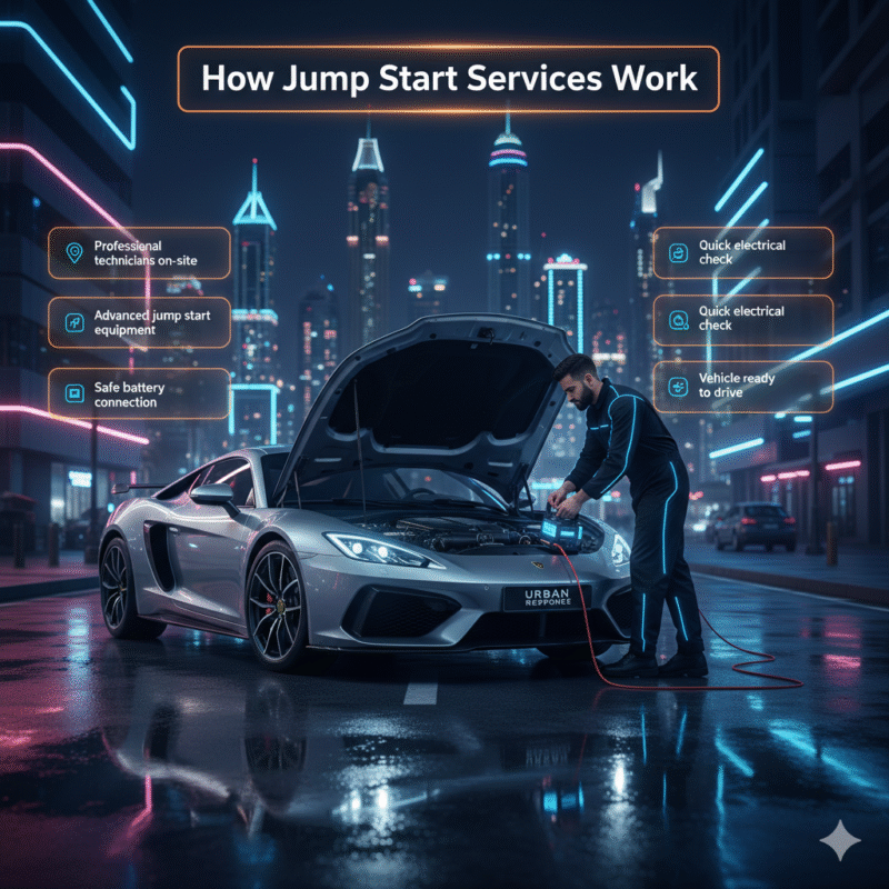 Luxury car being jump-started by a professional technician with infographic-style key points floating on sides