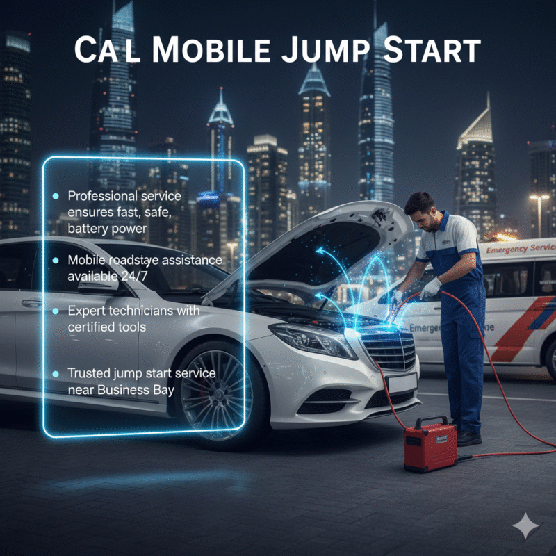 Infographic showing professional mobile jump start service in Business Bay with key benefits highlighted on sides