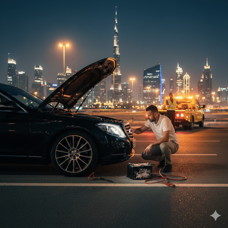 Car battery failed late night Dubai driver checking engine with phone light on roadside