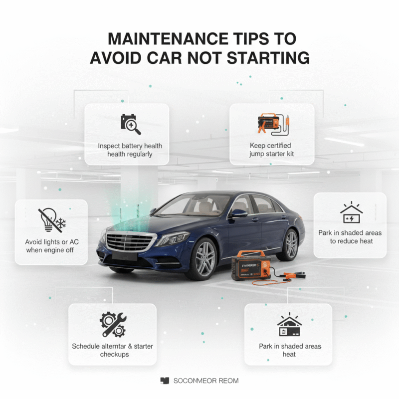 "Automotive maintenance infographic showing a healthy parked luxury car with animated panels listing battery inspection, AC caution, checkups, jump starter kit, and shaded parking tips."
