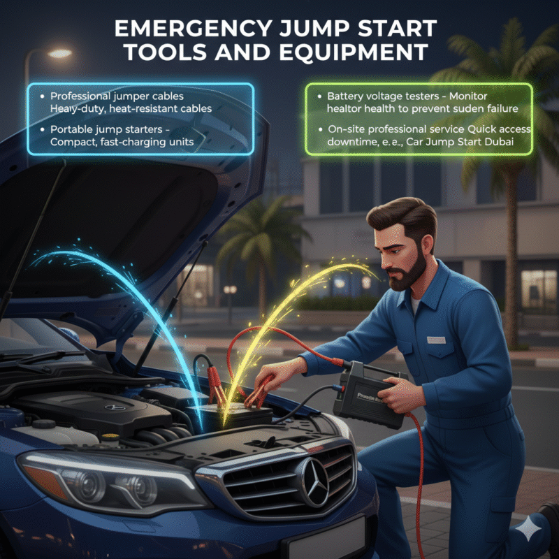 Animated-style illustration of a professional technician using jumper cables and a portable jump starter on a car battery in International City Dubai. Title "Emergency Jump Start Tools and Equipment" at the top. Key tools and equipment displayed on sides in bullet format.