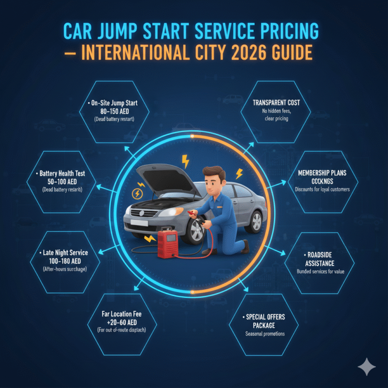 Animated infographic showing "Car Jump Start Service Pricing — International City 2026 Guide" with central brand visual and key service prices displayed on sides.