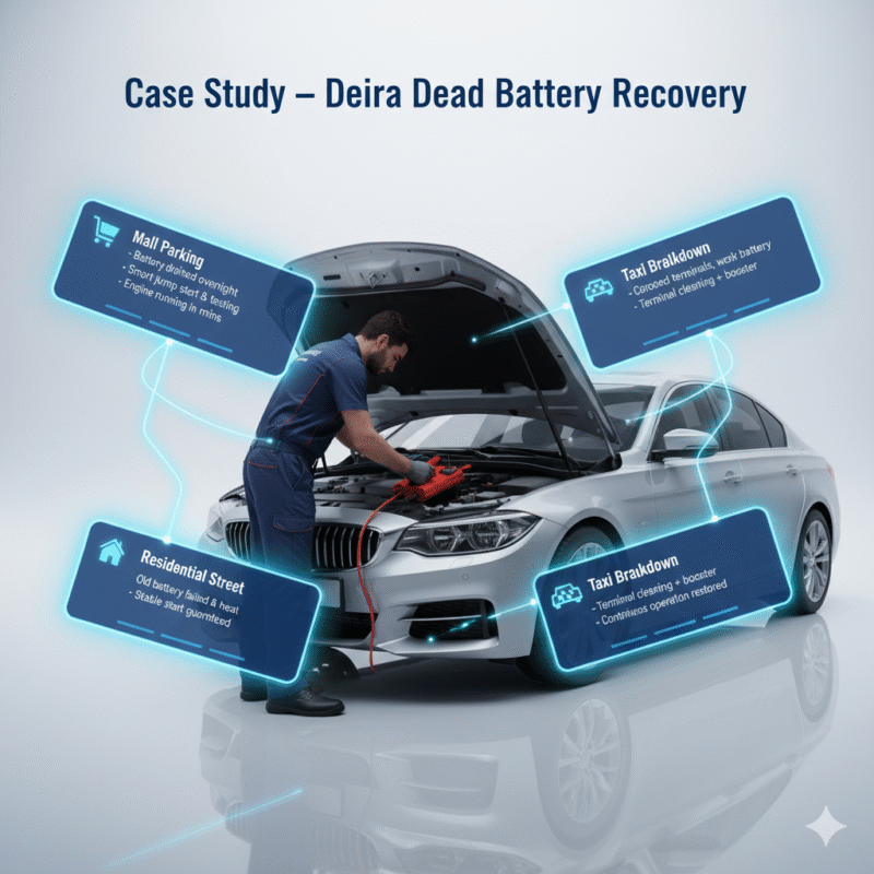 Visual infographic showing real-life case studies of dead battery recovery in Deira, with key scenarios highlighted on sides and a central technician performing battery service.
