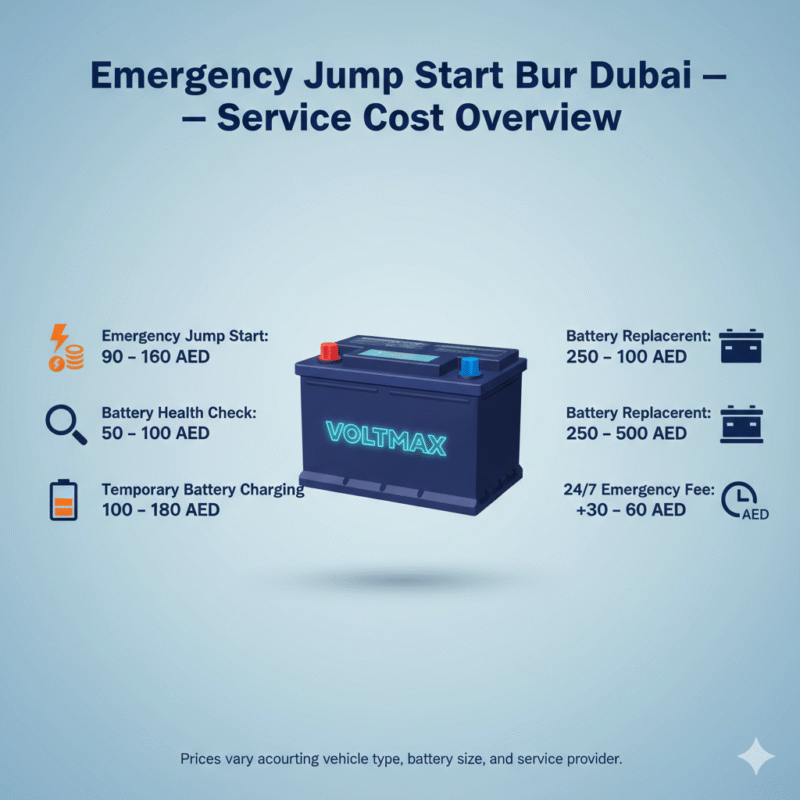 “Animated-style feature image showing service costs for emergency jump start in Bur Dubai, title on top, premium battery in center, service costs displayed on sides with icons.”