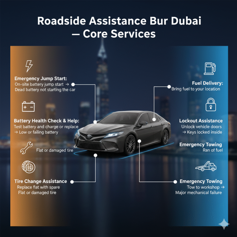 “Animated-style feature image showing core services for roadside assistance in Bur Dubai, title on top, premium car or battery in center, core services displayed on sides with icons.”