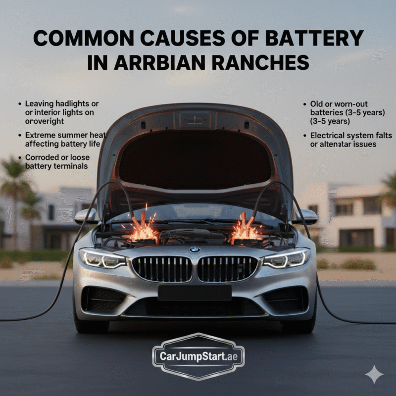 "Common Causes of Battery Failure in Arabian Ranches showing a car with battery issues and side points highlighting main causes, with brand logo included."
