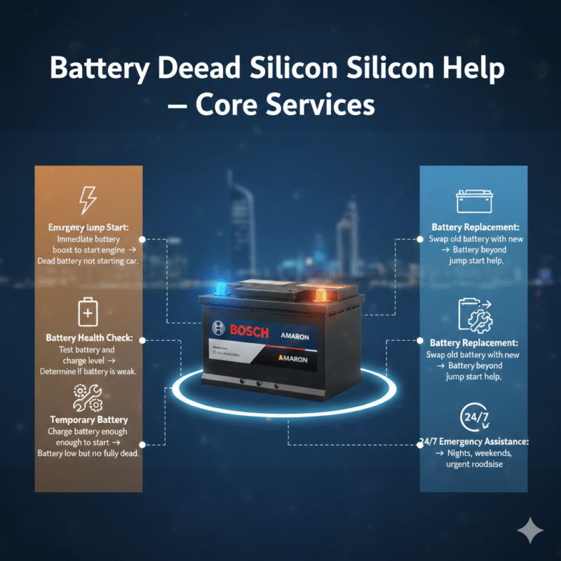 “Animated-style feature image showing core services for battery dead help in Dubai Silicon Oasis, with title on top, central premium car or battery image, and service points displayed on sides with icons.”