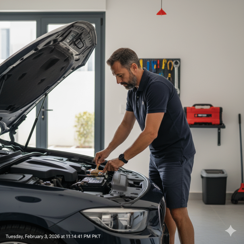 preventing car stuck at home dead battery Dubai maintenance scene