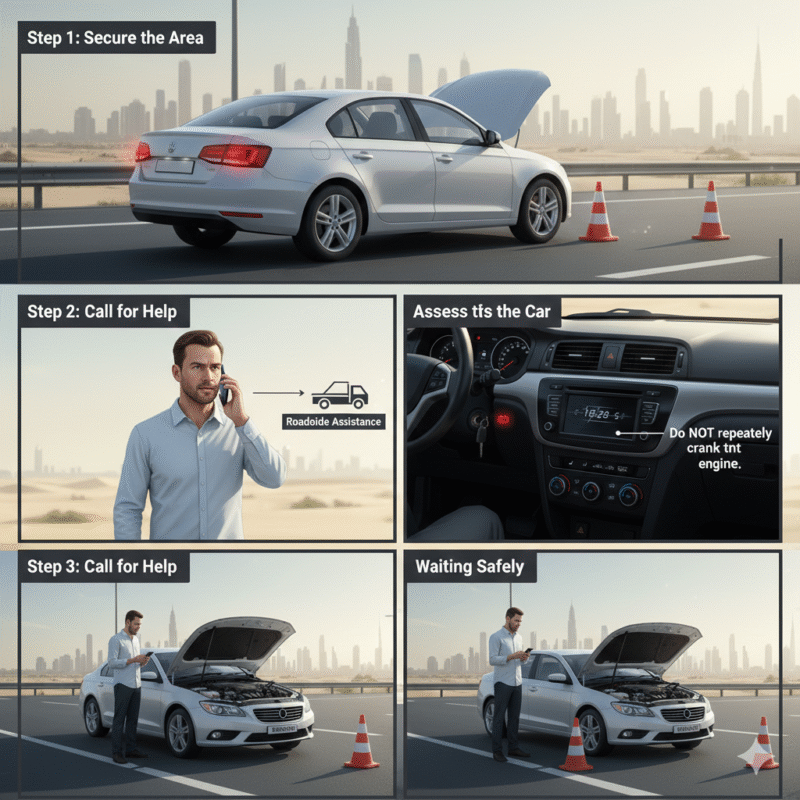 Driver using hazard lights, cones, and calling roadside assistance for a car stuck before appointment Dubai
