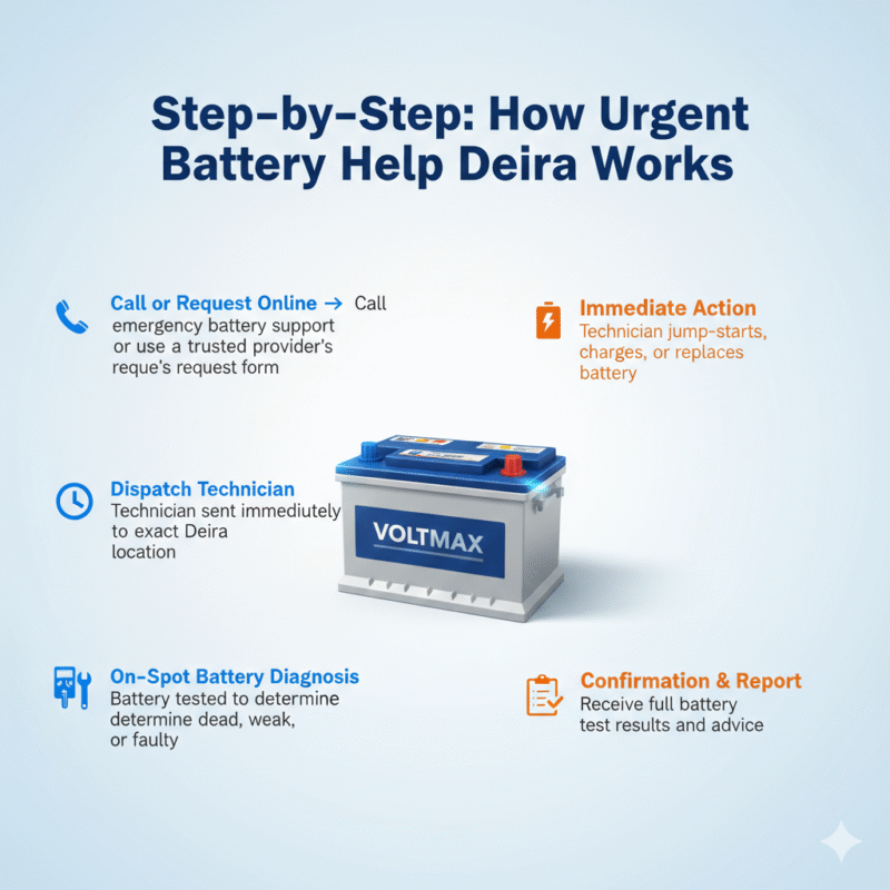 “Animated-style feature image showing step-by-step urgent battery help process in Deira, title at top, sleek battery in center, step points on sides with icons.”