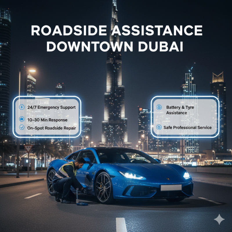 Roadside assistance Downtown Dubai technician helping a broken car near Burj Khalifa