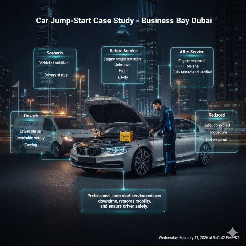 Infographic showing a professional car jump-start case study in Business Bay Dubai with central technician scene and animated side panels
