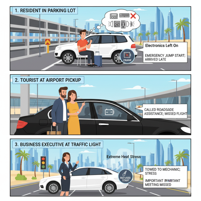 Infographic showing resident, tourist, and executive scenarios with electronics left on, weak battery, and heat stress causing battery drained while waiting Dubai 2026