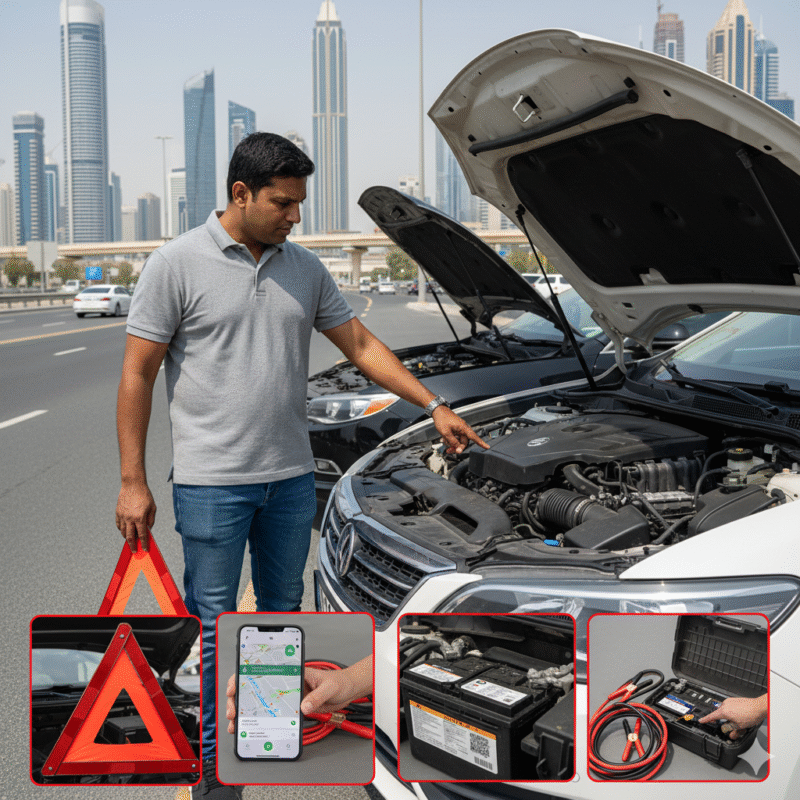 Dubai car roadside scene, driver calling service, sharing GPS location, checking battery and terminals, donor car ready, alternator and fuses prepared, standing safely visible