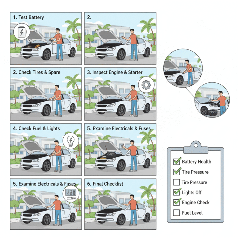 Illustration showing preventive maintenance steps for a car to avoid being stranded in a Dubai residential area, including battery, tires, engine, fuel, and electrical checks