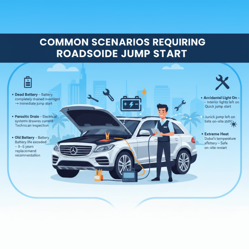“Animated infographic-style feature image showing a luxury car in Jumeirah being jump-started by a professional technician, with side panels displaying common scenarios for roadside jump start and title on top.”