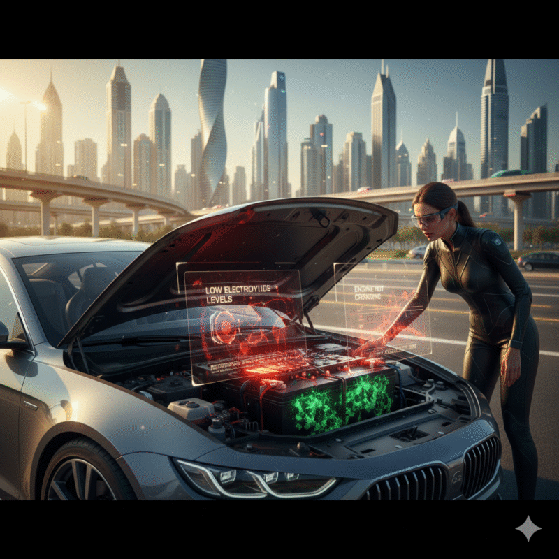 Dubai car with dead battery in heat, dim dashboard lights, slow engine cranking, visible corrosion on terminals, high ambient temperature effects