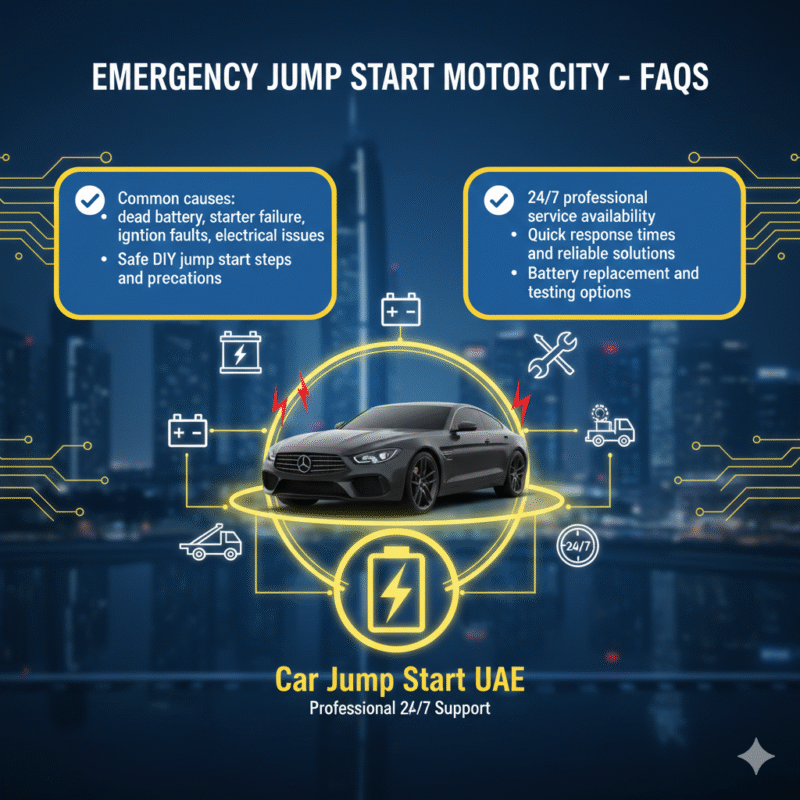 "FAQs for emergency jump start services in Motor City showing key points on sides and a central animated car illustration with sparks and electrical icons."