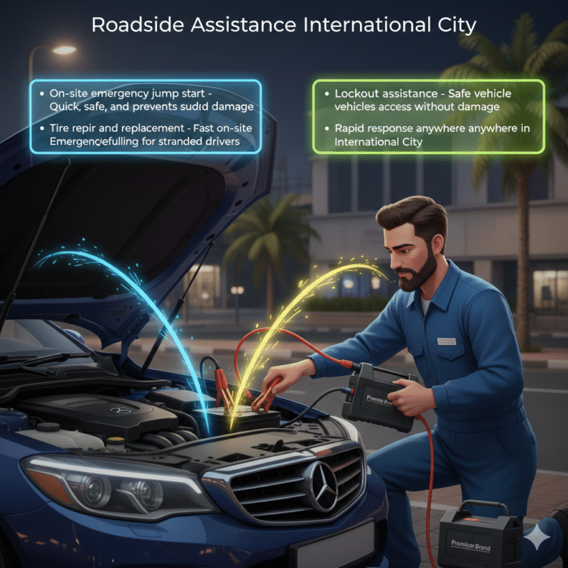 Animated-style illustration of a professional roadside technician assisting a car in International City Dubai. Title "Roadside Assistance International City" at the top. Key points displayed on sides in bullet format.