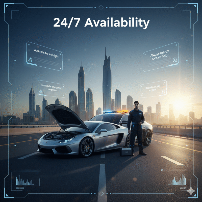 Luxury roadside assistance vehicle and technician ready for 24/7 emergency support in Dubai Marina with infographic-style key points