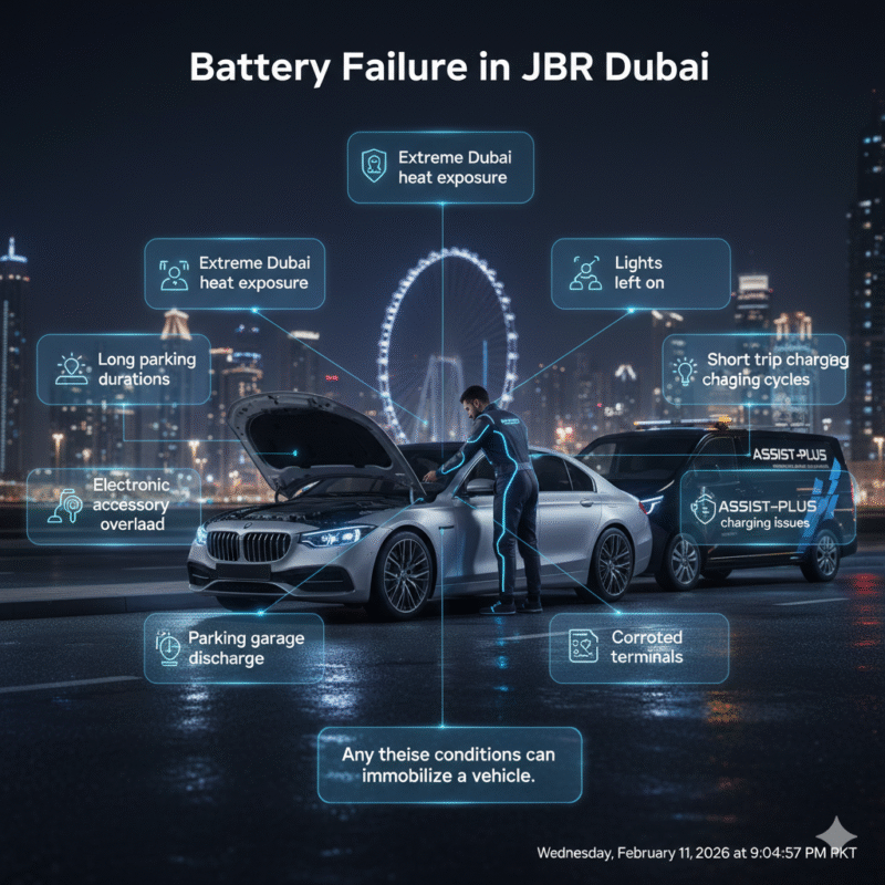 Infographic showing causes of vehicle battery failure in JBR Dubai with a professional roadside technician and animated side points