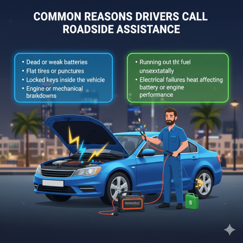 Animated-style illustration of a professional roadside technician assisting a car in International City Dubai. Title "Common Reasons Drivers Call Roadside Assistance" at the top. Key reasons displayed on sides in bullet format.