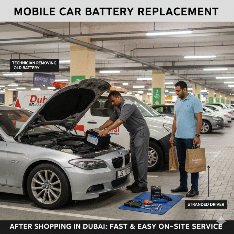 Mobile technician replacing car battery in Dubai mall parking, open hood, new battery installed, driver waiting with shopping bags.