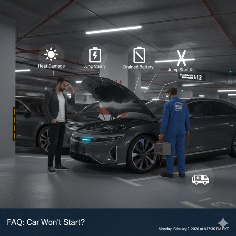 Driver stranded in underground Dubai parking with dead car battery while technician provides jump-start assistance.